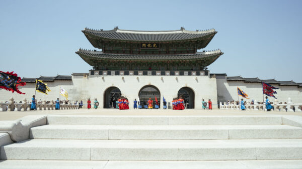 Il momento del cambio della guardia al palazzo reale Gyeongbokgung di Seoul
